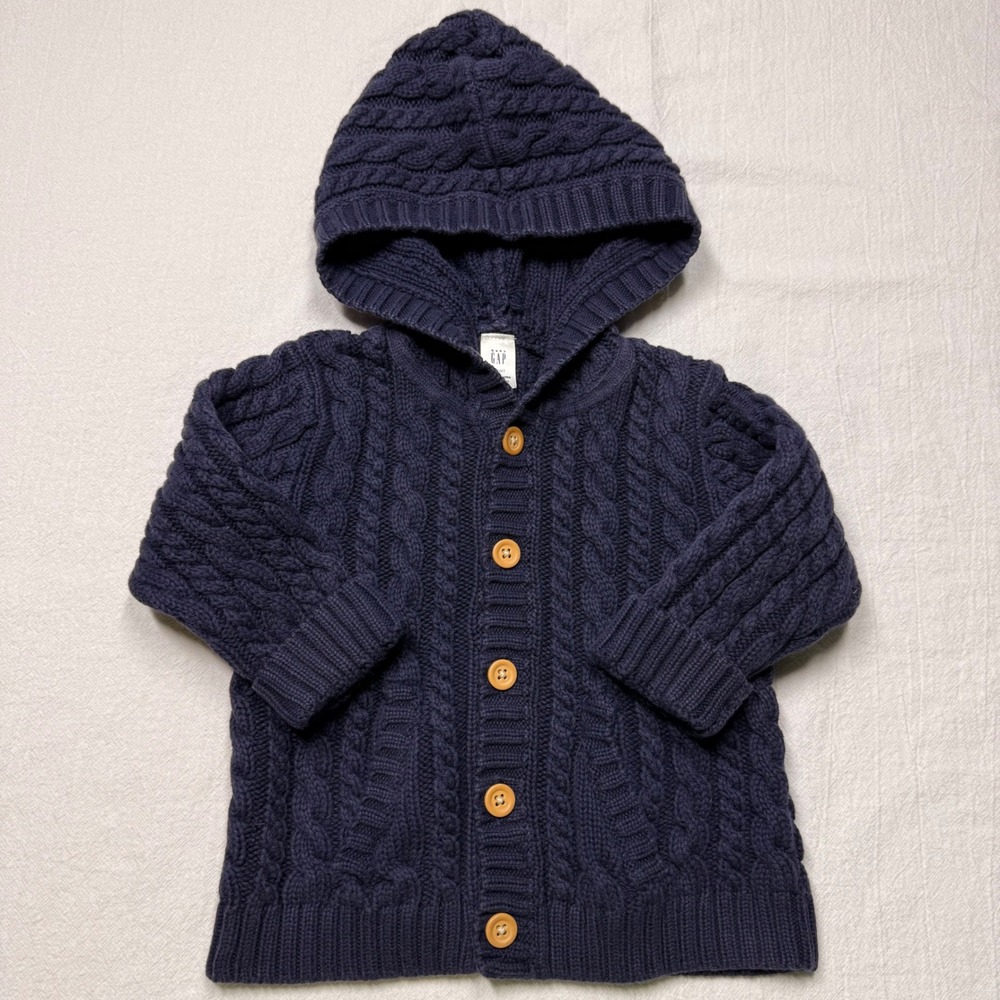 Baby Gap Infant Cable Knit Hooded Cardigan Sweater Navy 12-18 Months Cotton